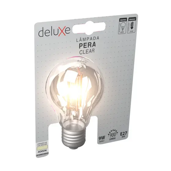 Lampada Led Pera Filamento Clear 9W 900lm 4000k E27 Deluxe