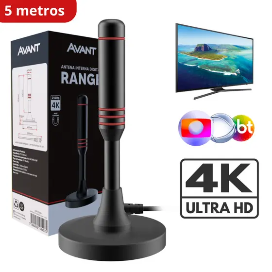 Antena Digital Tv UHD 4K Range Com Base Magnética e Cabo de 5 metros Preto Cod: 360020034 Avant