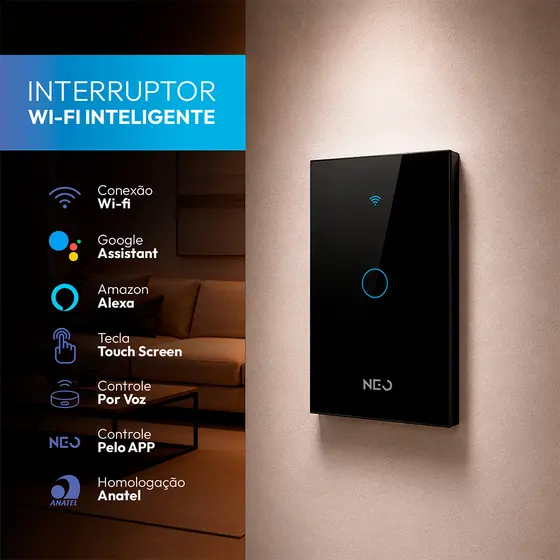 Interruptor Inteligente Touch WiFi Preto Avant Neo