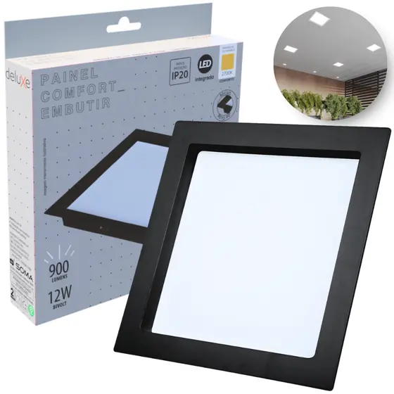 Painel Led Recuado 12w Quadrado 4000k Comfort Branco Neutro 17cm 110V/220V Bivolt Preto Fosco Cód: 908190876 - Deluxe
