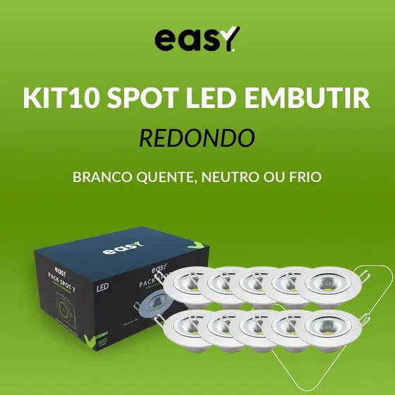 Kit 10 Spot de Led 7W 3000k Branco Quente, 4000k Branco Neutro e 6500k Branco Frio de Embutir Redondo Bivolt - Easy