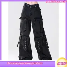 American vibe high Street Multi-bolso preto geral Jeans feminino verão cintura alta reta solta perna larga calças de chã