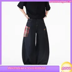 Americano Retro xadrez costura Jeans de perna larga masculino feminino Design sentido Machete cenoura calças macacão