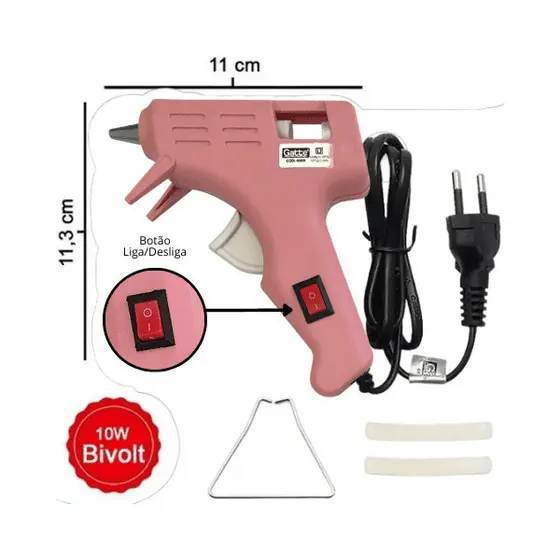 Pistola Cola Quente Pequena Rosa 10w Gatte com chave liga e desliga.