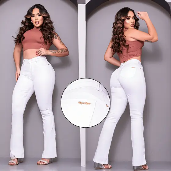 Calça Jeans Flare Feminina Cintura Alta Modeladora Levanta Bumbum Com Lycra Boca De Sino Premium