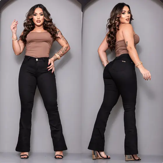 Calça Flare Jeans Preta Feminina Elastano Cintura Alta Modela Corpo Boca Sino Casual Social 36 ao 46