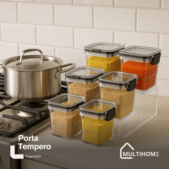 Pote Hermético Porta Tempero Acrílico 250ml Organizador Condimentos com Suporte Cozinha Armário Mesa