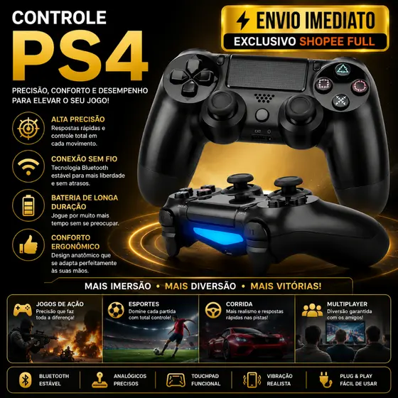 Controle Ps4 Joystick Bluetooth Compatível Para Ps4 Smart Tv Pc Gamer Sem Fio + Cabo