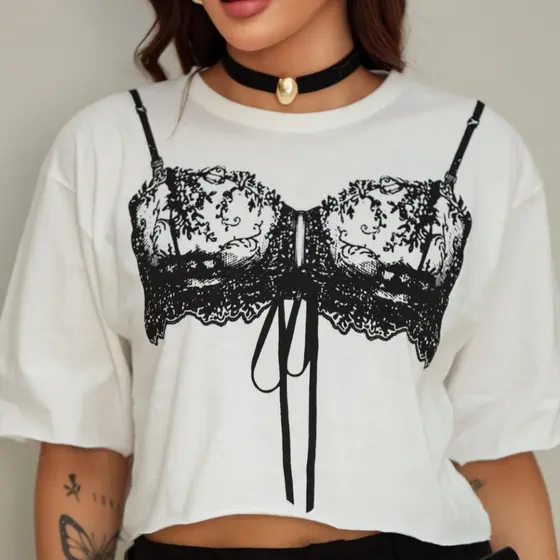 Cropped Feminina Oversized Estampa Sutiã 100% Algodão
