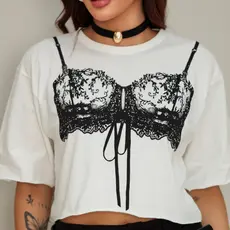 Cropped Feminina Oversized Estampa Sutiã 100% Algodão