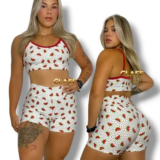 CONJUNTO ACADEMIA TOP E SHORT CINTURA ALTA ESTAMPAS VARIADAS FITNESS