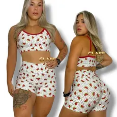 CONJUNTO ACADEMIA TOP E SHORT CINTURA ALTA ESTAMPAS VARIADAS FITNESS