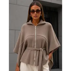 Poncho Feminino em Tricot Mousse com Zíper Frontal Faixa Gola Alta e Bolsos Elegante Inverno