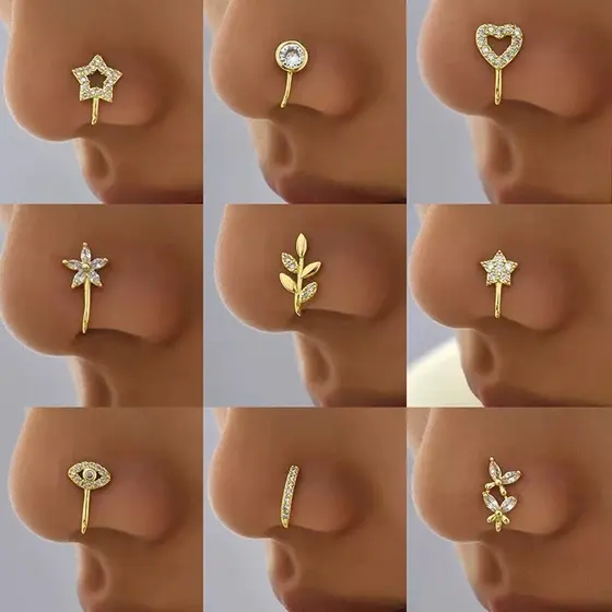 OI HELLO LOJA - kie 3 Piercing de nariz falso em formato de U com zircônia e piercing de nariz falso sem furo