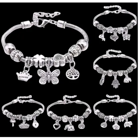 kit 5 Pulseira Berloques Prata Estilo Feminina Presente Pra Mulher