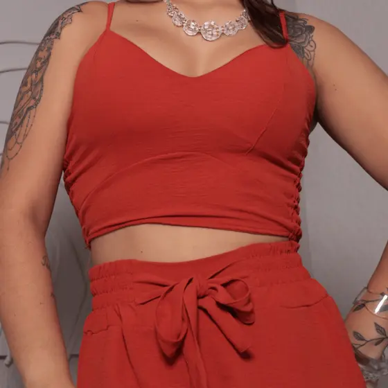 Conjunto Feminino Luxo Individual Calça Pantalona e Cropped Ajustavel Ocasiões Especiais Não Amassa