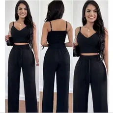 Conjunto Feminino Duna Verão Outono Calça Cintura Alta e Cropped Com Bojo Alça Regulagem Confortável