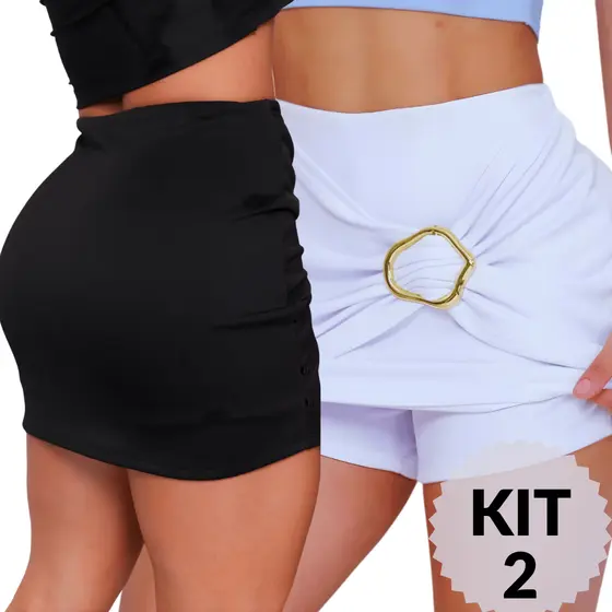 Kit 2 Short Saia Feminino Neoprene com Fivela Dourada Cintura Alta Encorpado Elegante Confortável