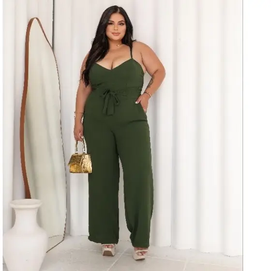 Conjunto Feminino Individual Plus Size Calça Pantalona Cintura Alta e Cropped Com Bojo Alça Regulage