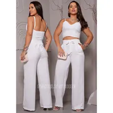 Conjunto Alfaiataria Social Feminino Calça Pantalona e Cropped em Duna Areia Que não Amassa