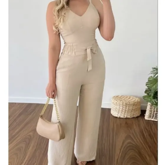 Conjunto Feminino Duna Pantalona e Cropped com Bojo | Alça Regulável | Alfaiataria Elegante