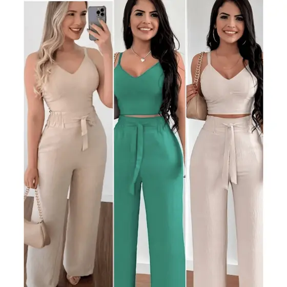 Conjunto feminino duna areia calça pantalona e cropped com bojo Alça regulagem Duna