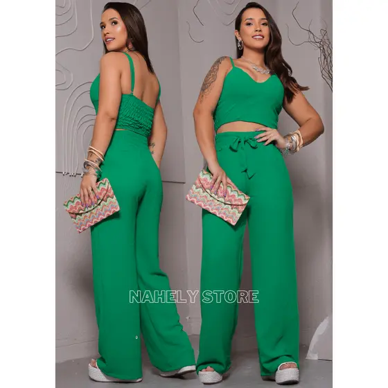 Conjunto Feminino Alfaiataria Calça Pantalona e Cropped em Duna Areia que não Amassa Confortável