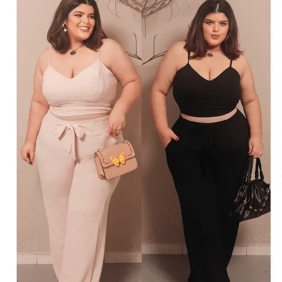 Conjunto Feminino Plus Size  Calça Pantalona Cintura Alta  e Cropped Com Bojo Alça Regulagem