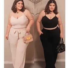 Conjunto Feminino Plus Size Calça Pantalona Cintura Alta e Cropped Com Bojo Alça Regulagem
