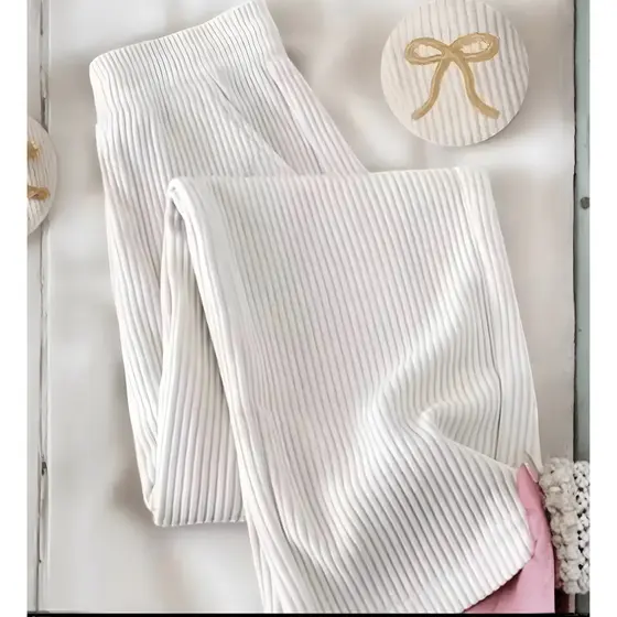 Calça Pantalona Feminina Canelada Cintura Alta com Elástico e Bolso Moda Casual Confortável Premium