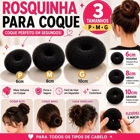 Kit 2 Esponjas Rosquinha Acessório para Coque de Cabelo Donut Penteado Bailarina Ballet
