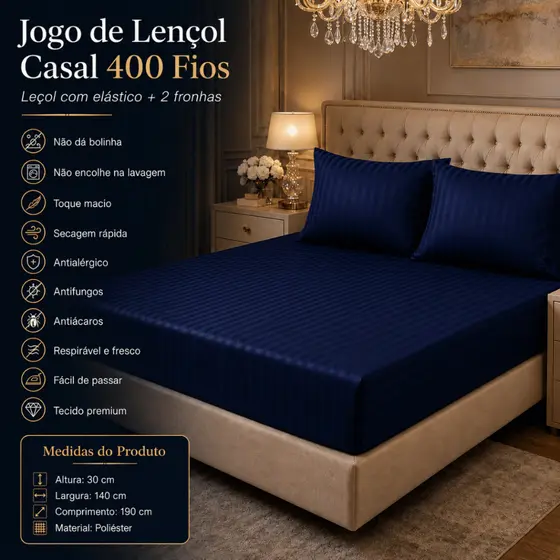 Jogo de Lençol Casal com Elástico + 2 Fronhas 400 Fios Toque Macio Premium Super Oferta Envio Rápido