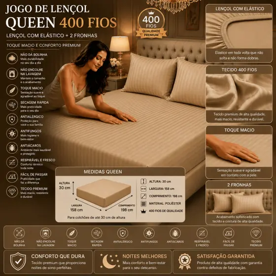 Lençol Queen com Elástico + 2 Fronhas 400 Fios Roupa de Cama Premium Confortável Oferta Envio Full