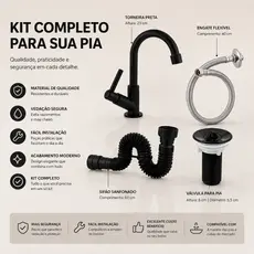 Kit Completo para Cuba de Banheiro Torneira Preta ABS, Válvula 7/8", Sifão e Engate Flexível 40cm