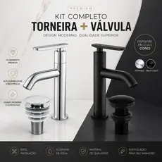Kit Banheiro em ABS Torneira Alta Bancada Lavabo Lavatório Ralo Válvula click 7/8 Cromada ou Preto