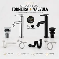 Kit Completo Cuba Banheiro Torneira ABS Válvula 7/8 Sifão Engate Flexível 40cm Preto ou Cromado