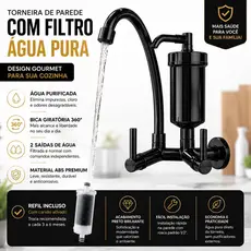 Torneira de Parede Preta com Filtro Bica Alta 360 Dupla Saída Cozinha Gourmet ABS 1/2 Vela Pró Saúde