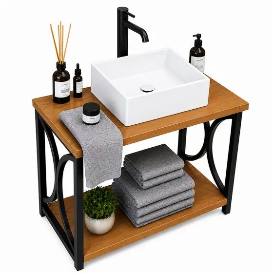 Gabinete Banheiro Estilo Industrial + Cuba Sobreposta MDF Armário + Pia Moderno Compacto Premium