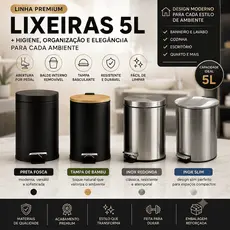 Lixeira Banheiro Pia 5L com Pedal e Balde Interno Inox Preta Fosca Bambu Banheiro Lavabo Cozinha