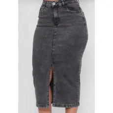 Saia Mid Jeans Grafite com Fenda Frontal Super Elastano Cintura Alta
