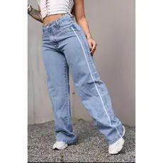 Calça Jeans Wide Leg Feminina Lavagem Azul Clara com Faixa Lateral Style com Listra