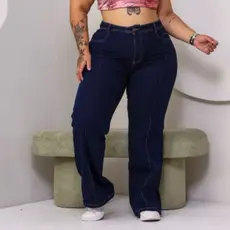 Calça Jeans Feminina Wid Leg Plus Size Escura C/ Elastano Cintura Alta 46 AO 54
