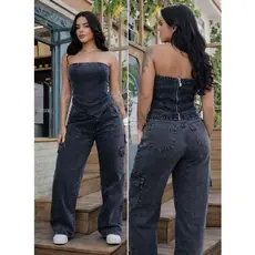 Conjunto Jeans de Calça Grafite e Cropped Grafite Tomara Que Caia Moda Gringa Lançamento