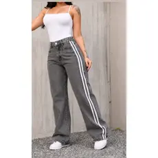 Calça Jeans Wide Leg Feminina Listras Grafite com 2 Faixa Lateral Estilo Blogueira