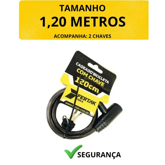 Cadeado Bicicleta Com Chave 120cm Bicicleta Bike Moto Portão Reforçado Cor Preto