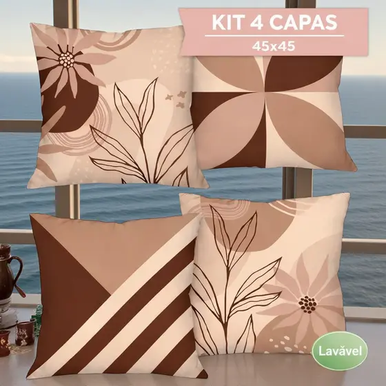 Kit 4 Capas de Almofada Decorativas 45x45 cm Exclusiva – Terra e Flores