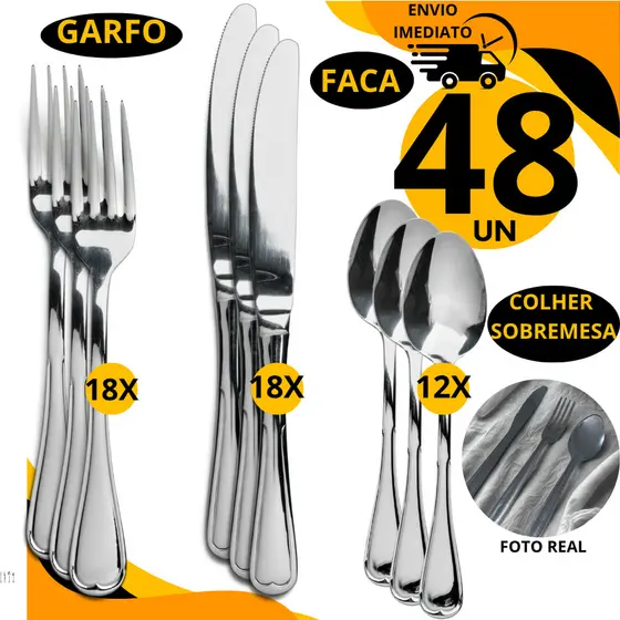 Conjunto Faqueiro Talher Talheres 48 Peças Aço Inox Faca Garfo Colher Sobremesa Jogo Talher