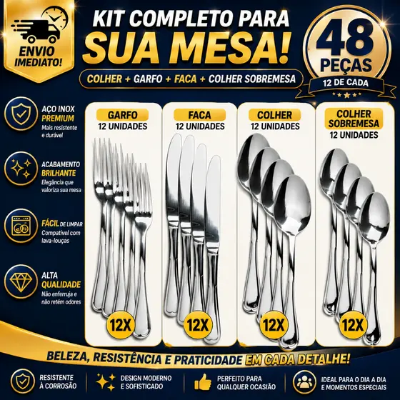 Jogo Talher Faqueiro Conjunto Talheres Completo Garfo Colher Faca Colher de Sobremesa