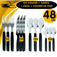 Jogo de Talheres Garfo Faca Colher Colher de Chá Cabo Preto Faqueiro Talheres Inox
