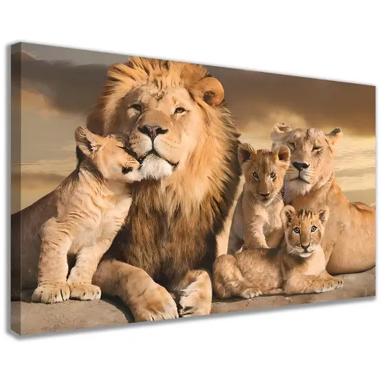 Quadro Grande Leao Leoa Protetor Familia 03 Filhos 90X60 Sala Escritorio Tela Canvas Alta Definição